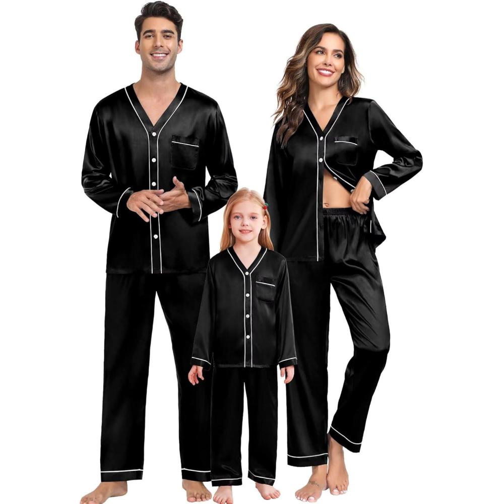 imageSWOMOG Family Satin Pajamas Sets Long Sleeve ButtonDown Sleepwear Silky TwoPieces Loungewear PJs SetsBlack