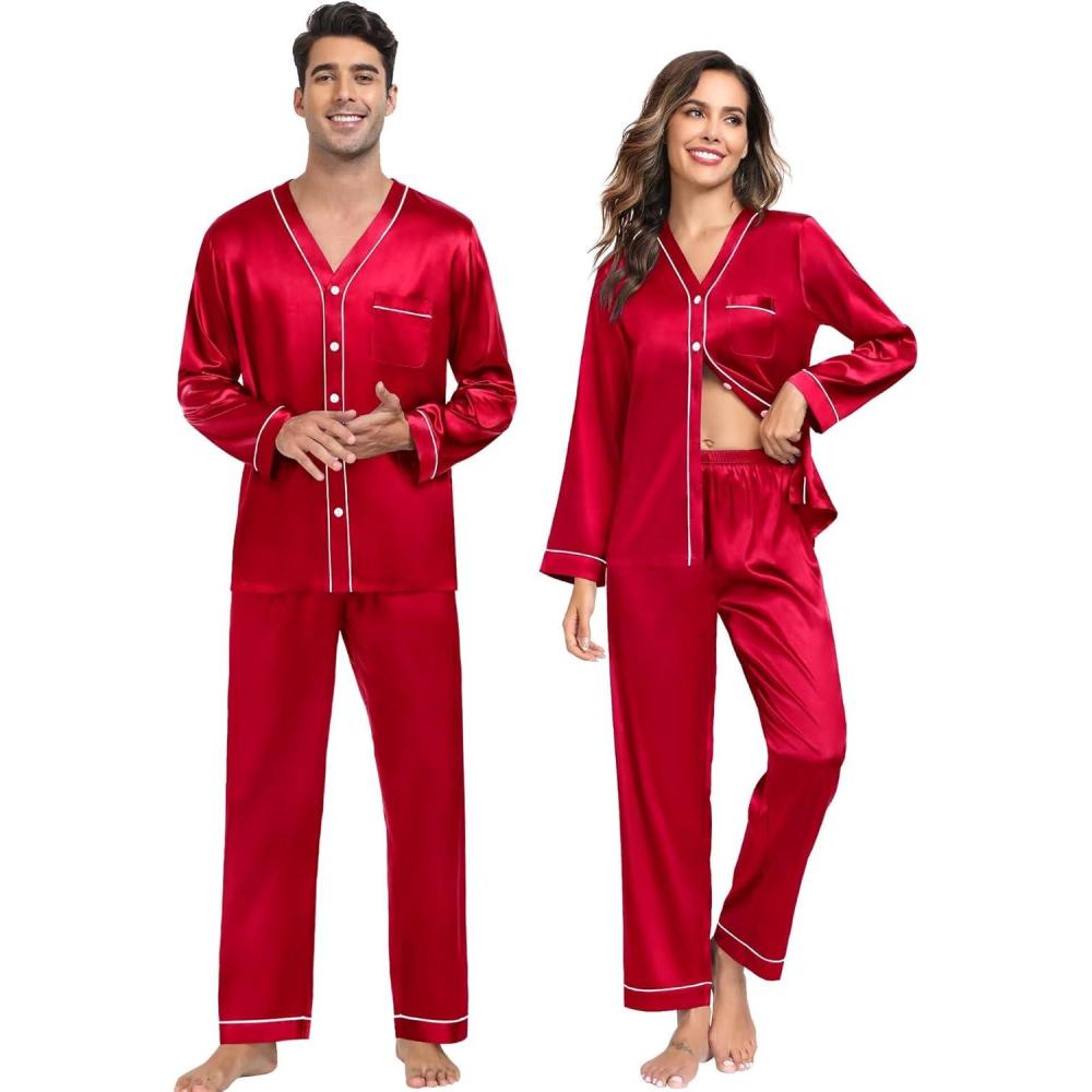 imageSWOMOG Family Satin Pajamas Sets Long Sleeve ButtonDown Sleepwear Silky TwoPieces Loungewear PJs SetsCamellia Red