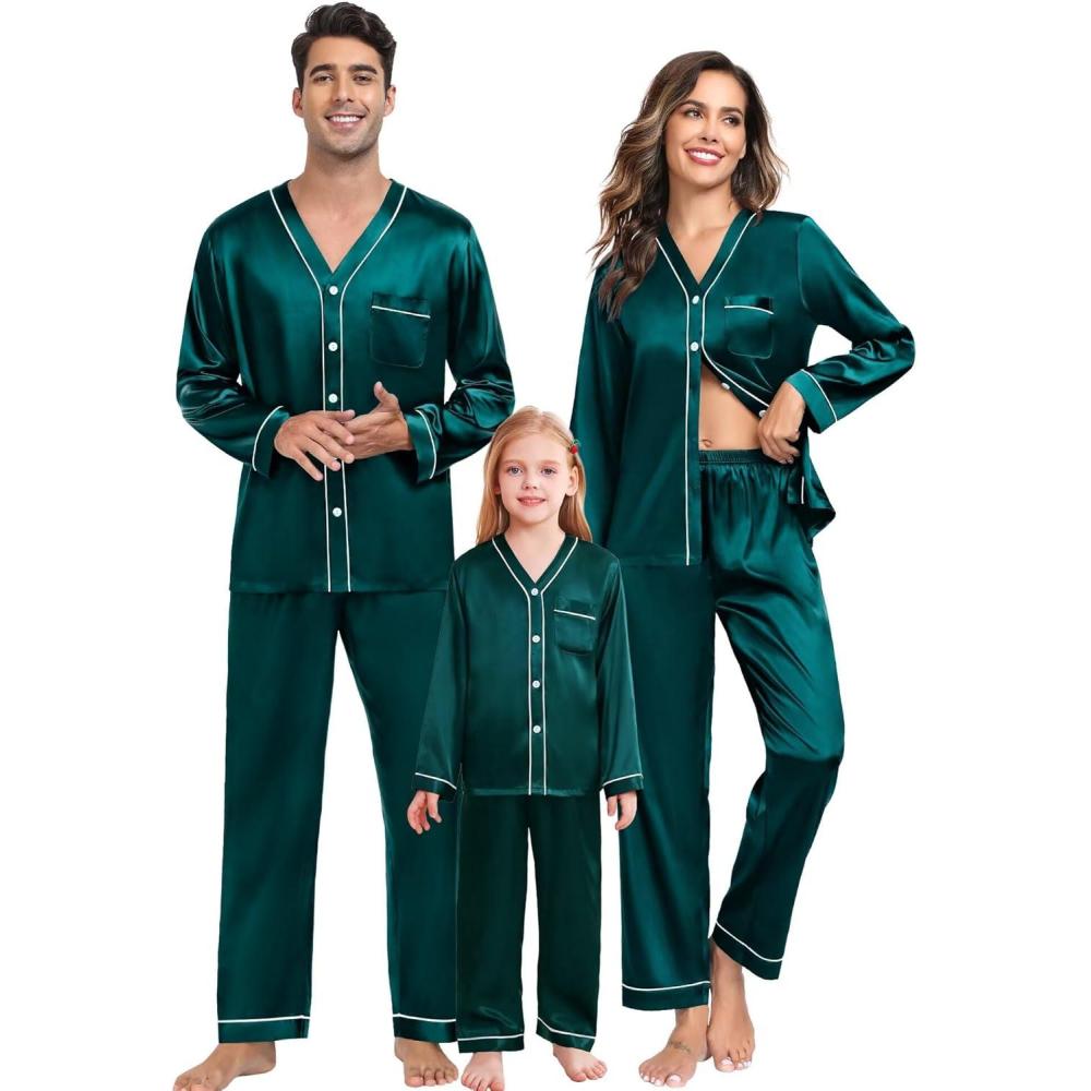 imageSWOMOG Family Satin Pajamas Sets Long Sleeve ButtonDown Sleepwear Silky TwoPieces Loungewear PJs SetsDark Green