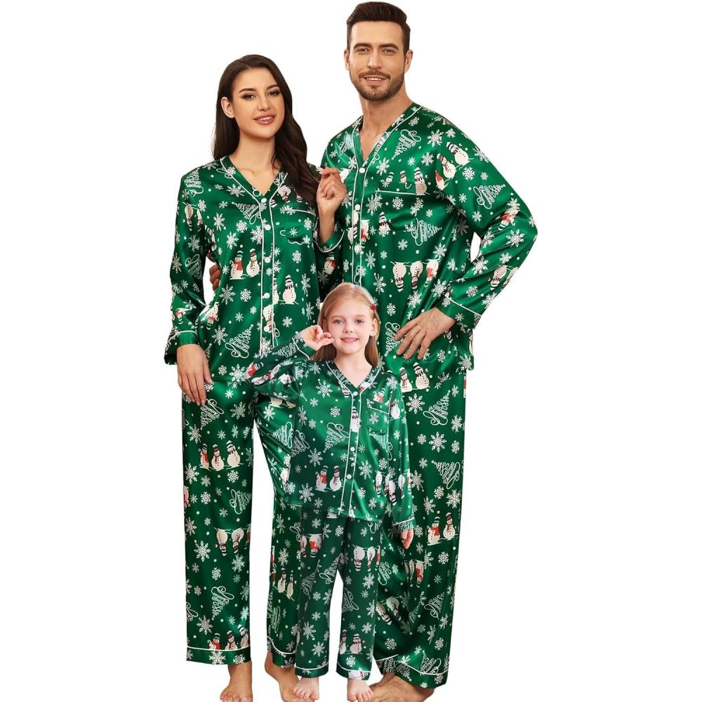 imageSWOMOG Family Satin Pajamas Sets Long Sleeve ButtonDown Sleepwear Silky TwoPieces Loungewear PJs SetsGreen Snowman