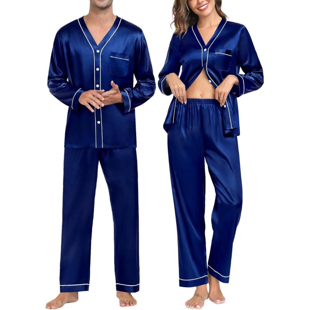 imageSWOMOG Family Satin Pajamas Sets Long Sleeve ButtonDown Sleepwear Silky TwoPieces Loungewear PJs SetsNavy Blue