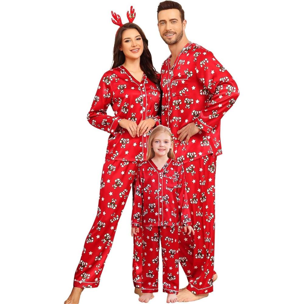 imageSWOMOG Family Satin Pajamas Sets Long Sleeve ButtonDown Sleepwear Silky TwoPieces Loungewear PJs SetsRed Candy Flower