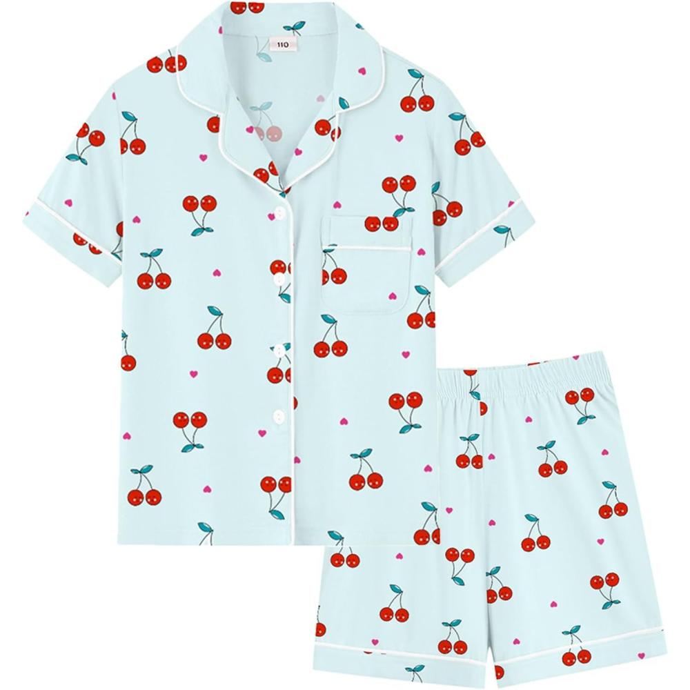 imageSWOMOG Girls Pajamas Button Down 2PCS Kids Pajama Set Cute Toddler Sleepwear Short Sleeve with Long PantsBlue Cherry