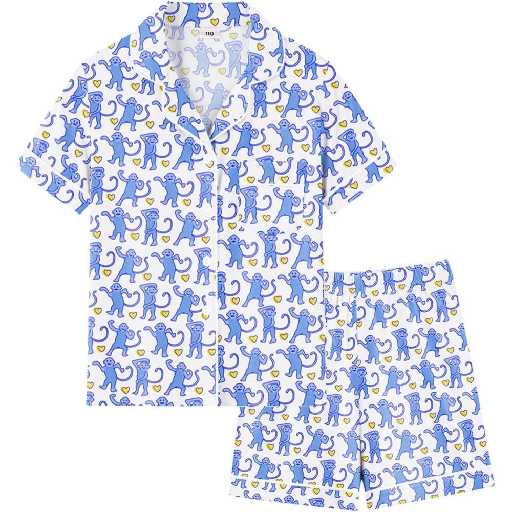 imageSWOMOG Girls Pajamas Button Down 2PCS Kids Pajama Set Cute Toddler Sleepwear Short Sleeve with Long PantsBlue Monkey