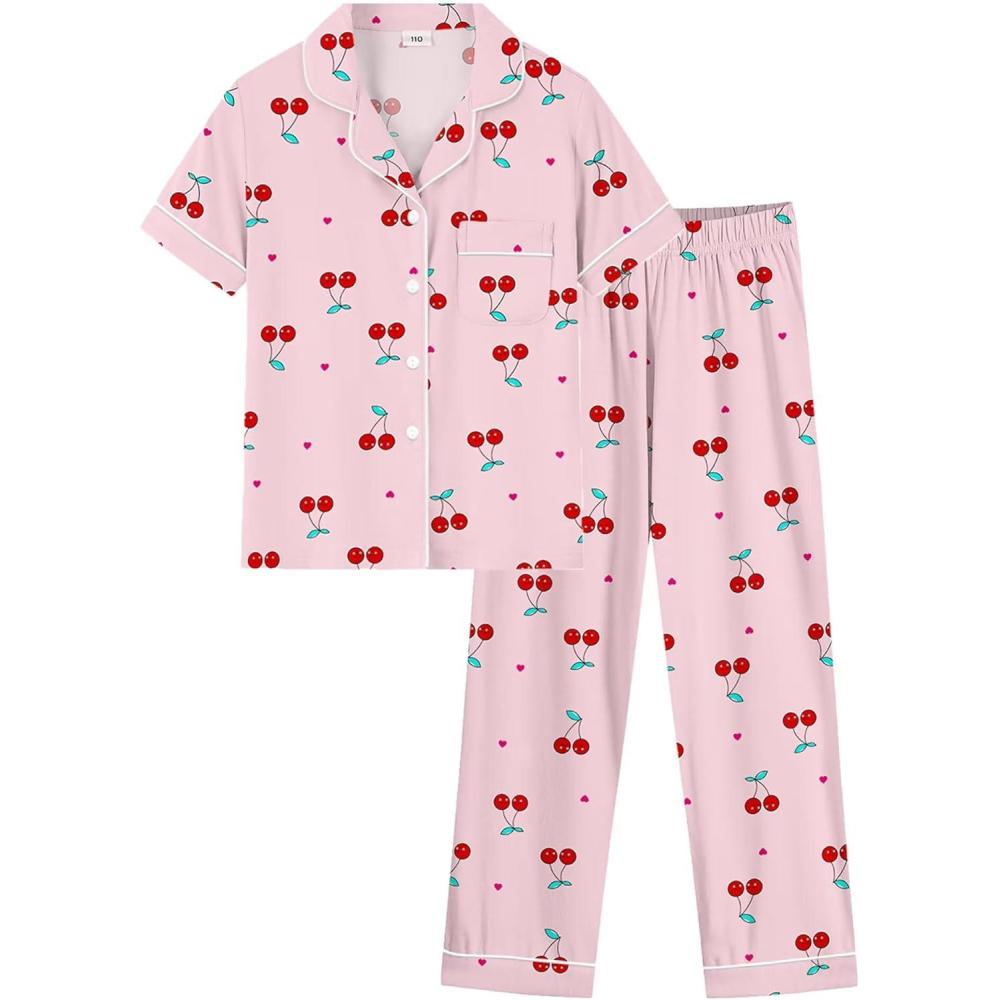 imageSWOMOG Girls Pajamas Button Down 2PCS Kids Pajama Set Cute Toddler Sleepwear Short Sleeve with Long PantsPink Cherry