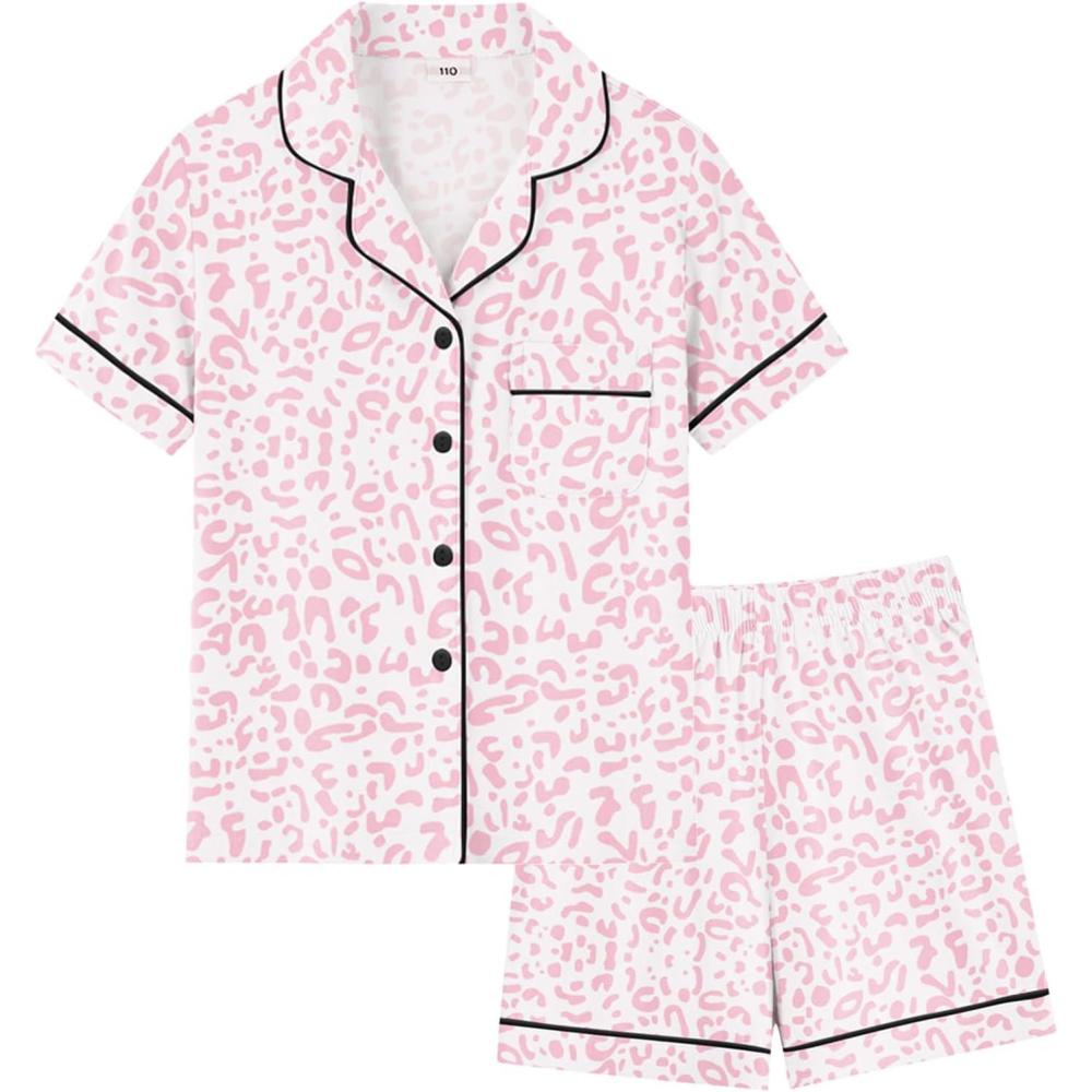 imageSWOMOG Girls Pajamas Button Down 2PCS Kids Pajama Set Cute Toddler Sleepwear Short Sleeve with Long PantsPink Leopard