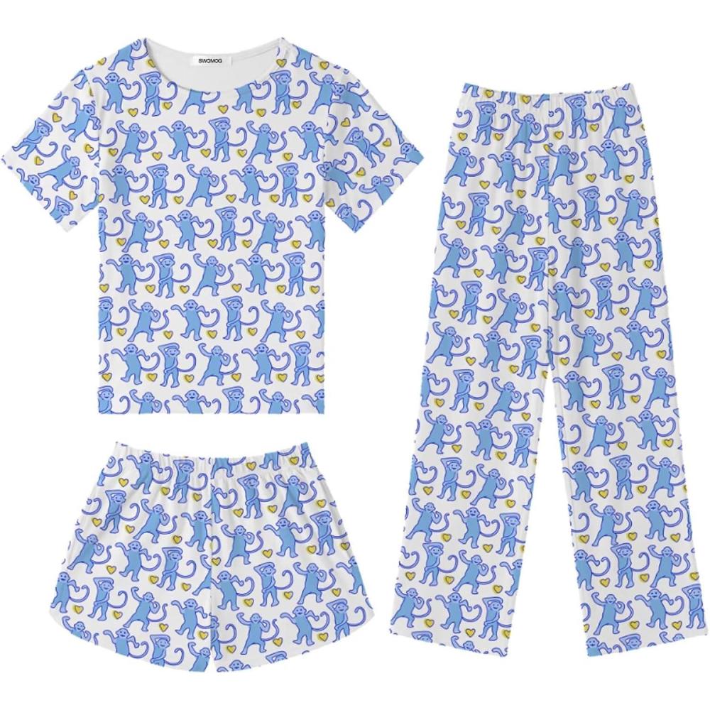 imageSWOMOG Girls Pajamas Sets 3 Piece Short Sleeve Sleepwear Summer Cute Pjs Cartoon Print Loungewear for Kids Size 6153 Pieceblue Monkey
