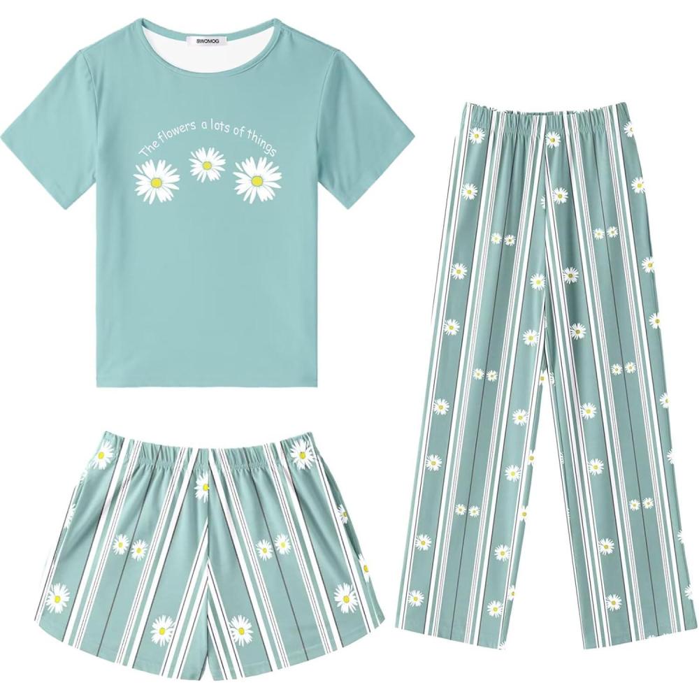 imageSWOMOG Girls Pajamas Sets 3 Piece Short Sleeve Sleepwear Summer Cute Pjs Cartoon Print Loungewear for Kids Size 6153 Piecegreen Daisy