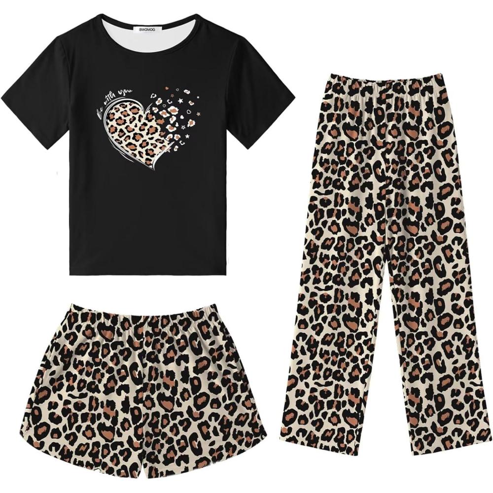 imageSWOMOG Girls Pajamas Sets 3 Piece Short Sleeve Sleepwear Summer Cute Pjs Cartoon Print Loungewear for Kids Size 6153 Pieceleopard Heart