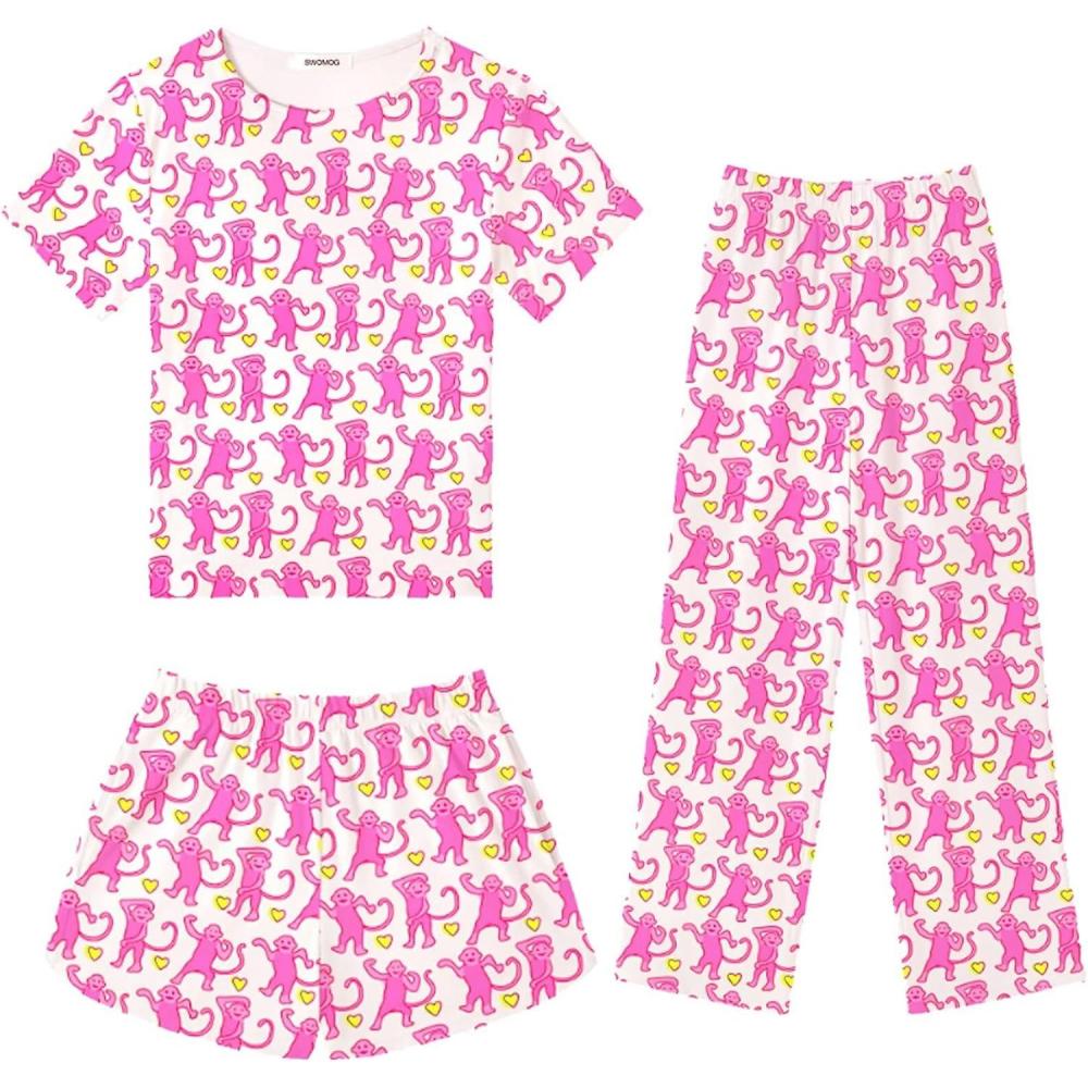 imageSWOMOG Girls Pajamas Sets 3 Piece Short Sleeve Sleepwear Summer Cute Pjs Cartoon Print Loungewear for Kids Size 6153 Piecepink Monkey