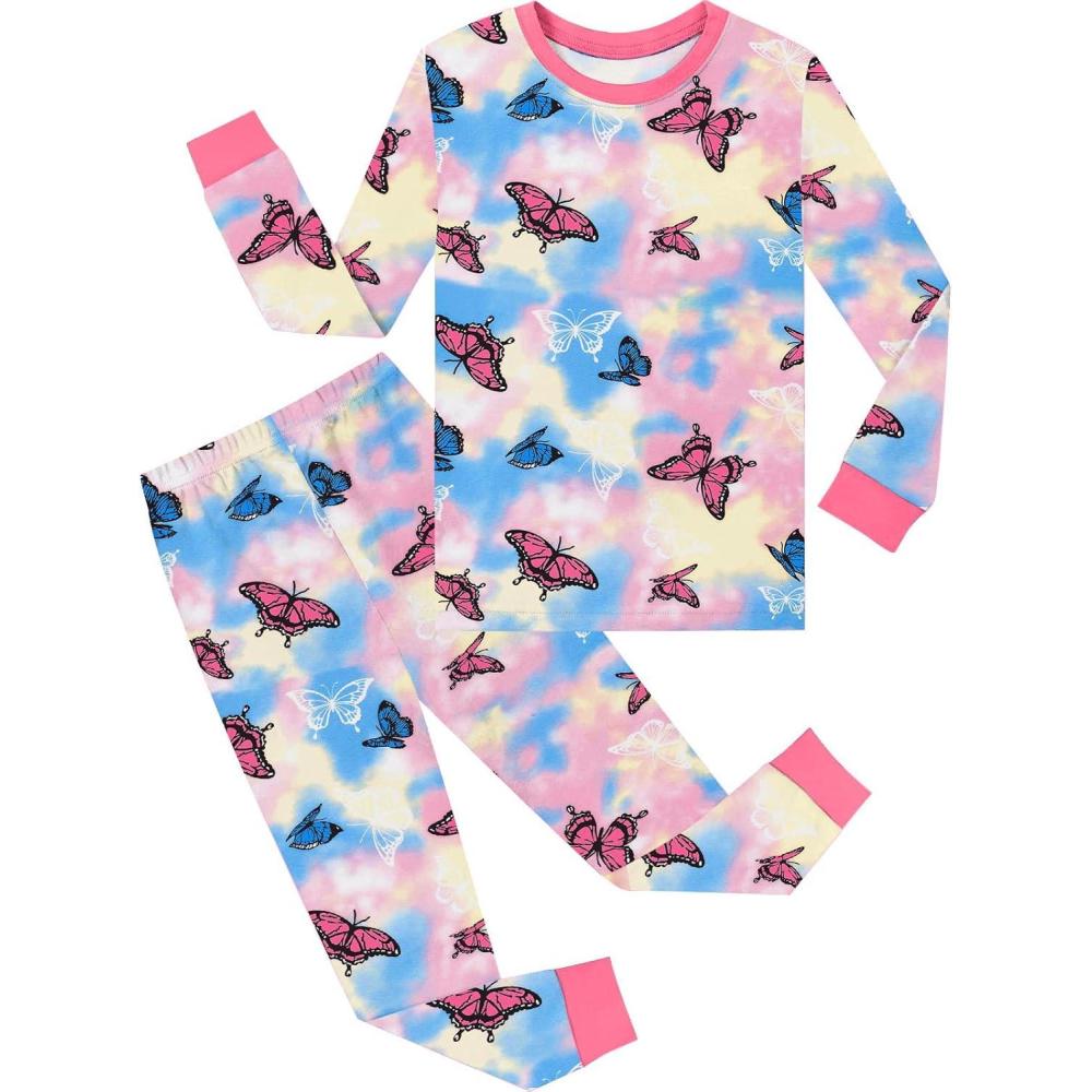 imageSWOMOG Girls Pajamas Sets 3 Piece Short Sleeve Sleepwear Summer Cute Pjs Cartoon Print Loungewear for Kids Size 615Color Butterfly