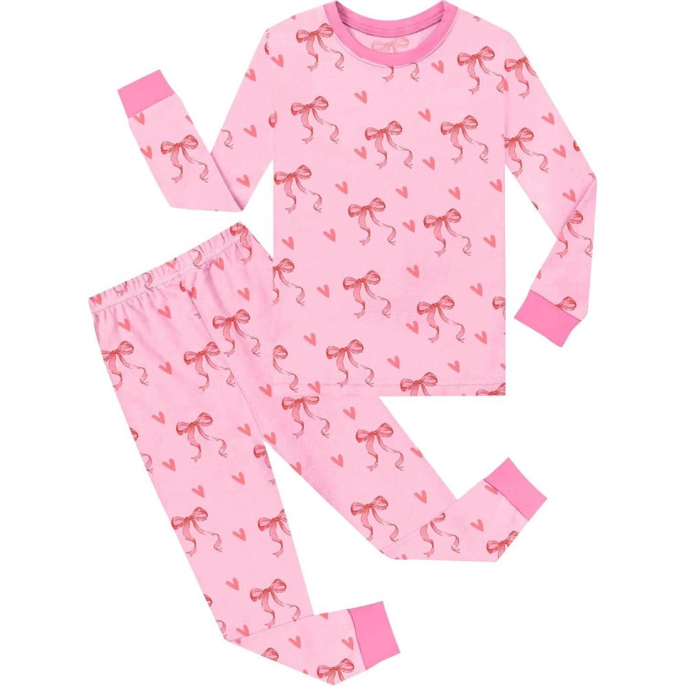 imageSWOMOG Girls Pajamas Sets 3 Piece Short Sleeve Sleepwear Summer Cute Pjs Cartoon Print Loungewear for Kids Size 615Pink Bow