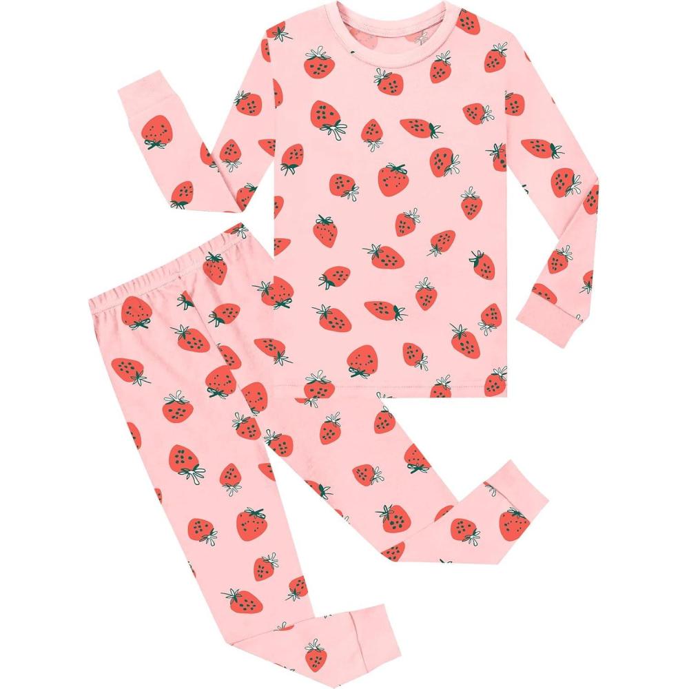 imageSWOMOG Girls Pajamas Sets 3 Piece Short Sleeve Sleepwear Summer Cute Pjs Cartoon Print Loungewear for Kids Size 615Pink Strawberry