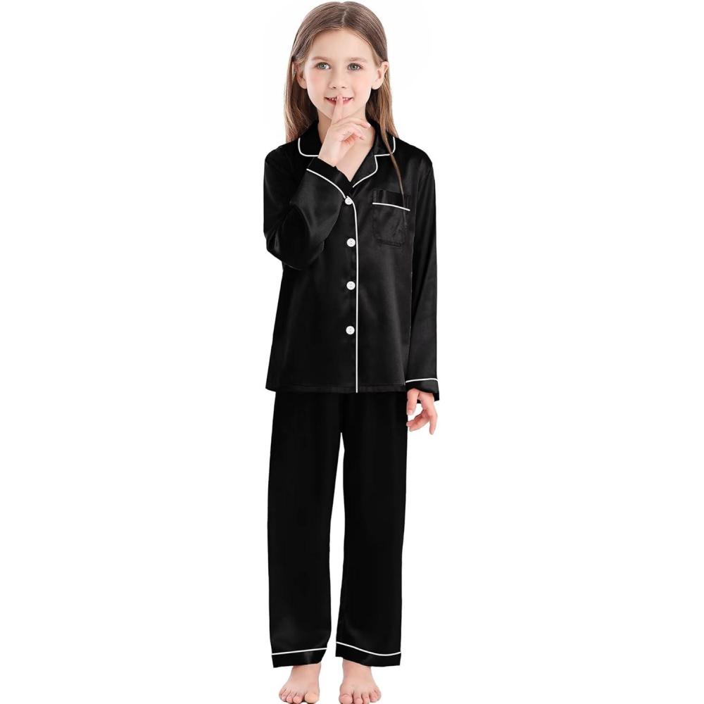 imageSWOMOG Kid Girls Boys Silk Satin Pajamas Set ButtonDown PJs Sets TwoPiece Lounge Sets Long Sleeve SleepwearBlack