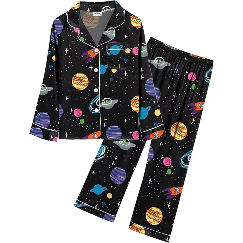 imageSWOMOG Kid Girls Boys Silk Satin Pajamas Set ButtonDown PJs Sets TwoPiece Lounge Sets Long Sleeve SleepwearBlack Rocket