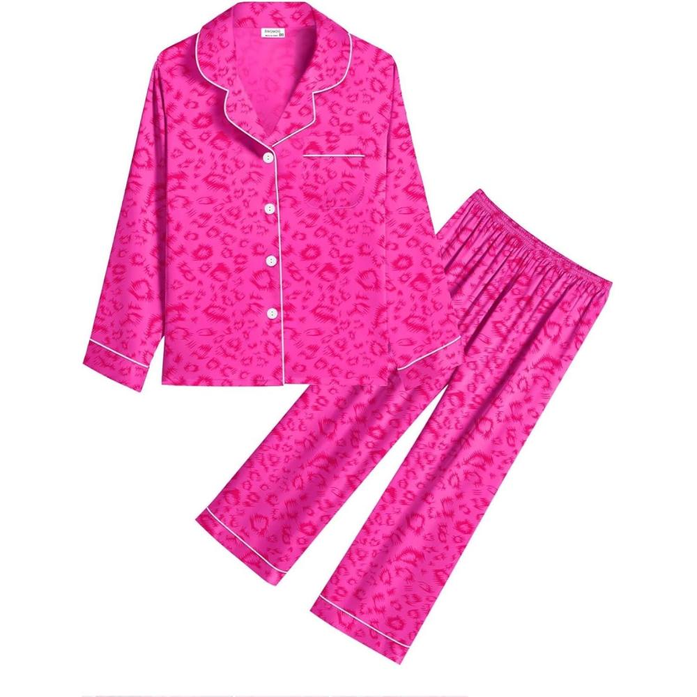 imageSWOMOG Kid Girls Boys Silk Satin Pajamas Set ButtonDown PJs Sets TwoPiece Lounge Sets Long Sleeve SleepwearHot Pink Leopard