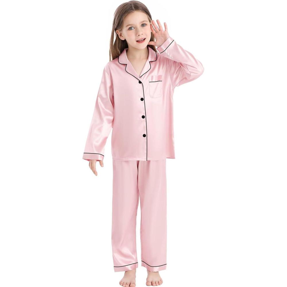 imageSWOMOG Kid Girls Boys Silk Satin Pajamas Set ButtonDown PJs Sets TwoPiece Lounge Sets Long Sleeve SleepwearPink