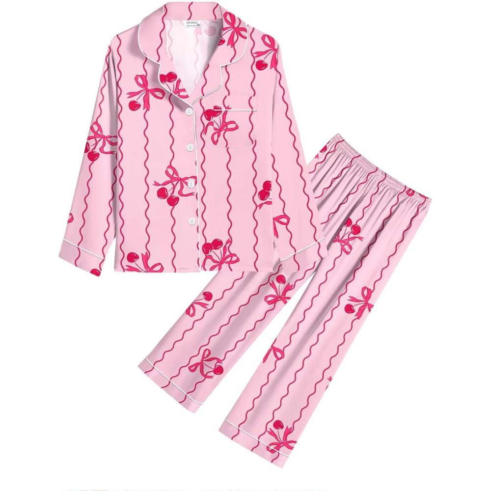 imageSWOMOG Kid Girls Boys Silk Satin Pajamas Set ButtonDown PJs Sets TwoPiece Lounge Sets Long Sleeve SleepwearPink Bow