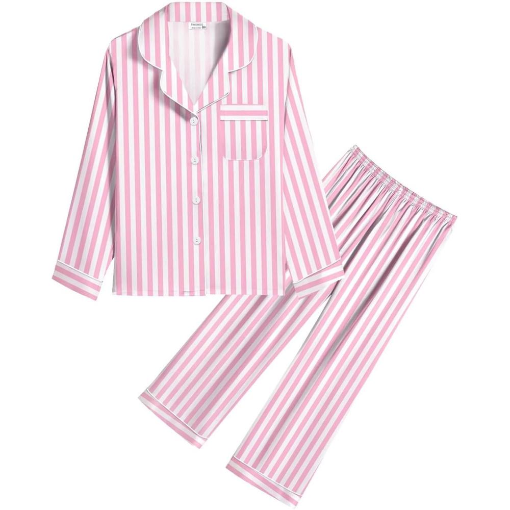 imageSWOMOG Kid Girls Boys Silk Satin Pajamas Set ButtonDown PJs Sets TwoPiece Lounge Sets Long Sleeve SleepwearPink Striped