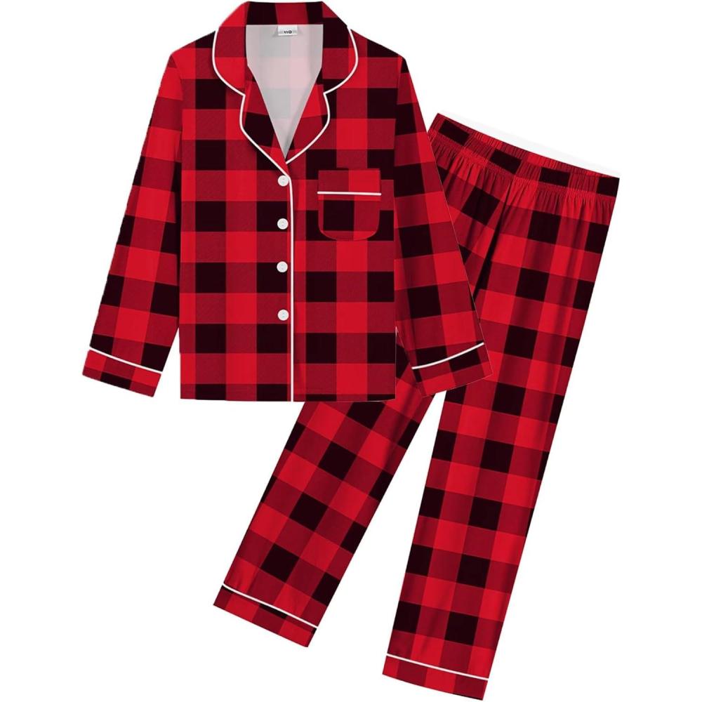 imageSWOMOG Kid Girls Boys Silk Satin Pajamas Set ButtonDown PJs Sets TwoPiece Lounge Sets Long Sleeve SleepwearRed Black Plaid