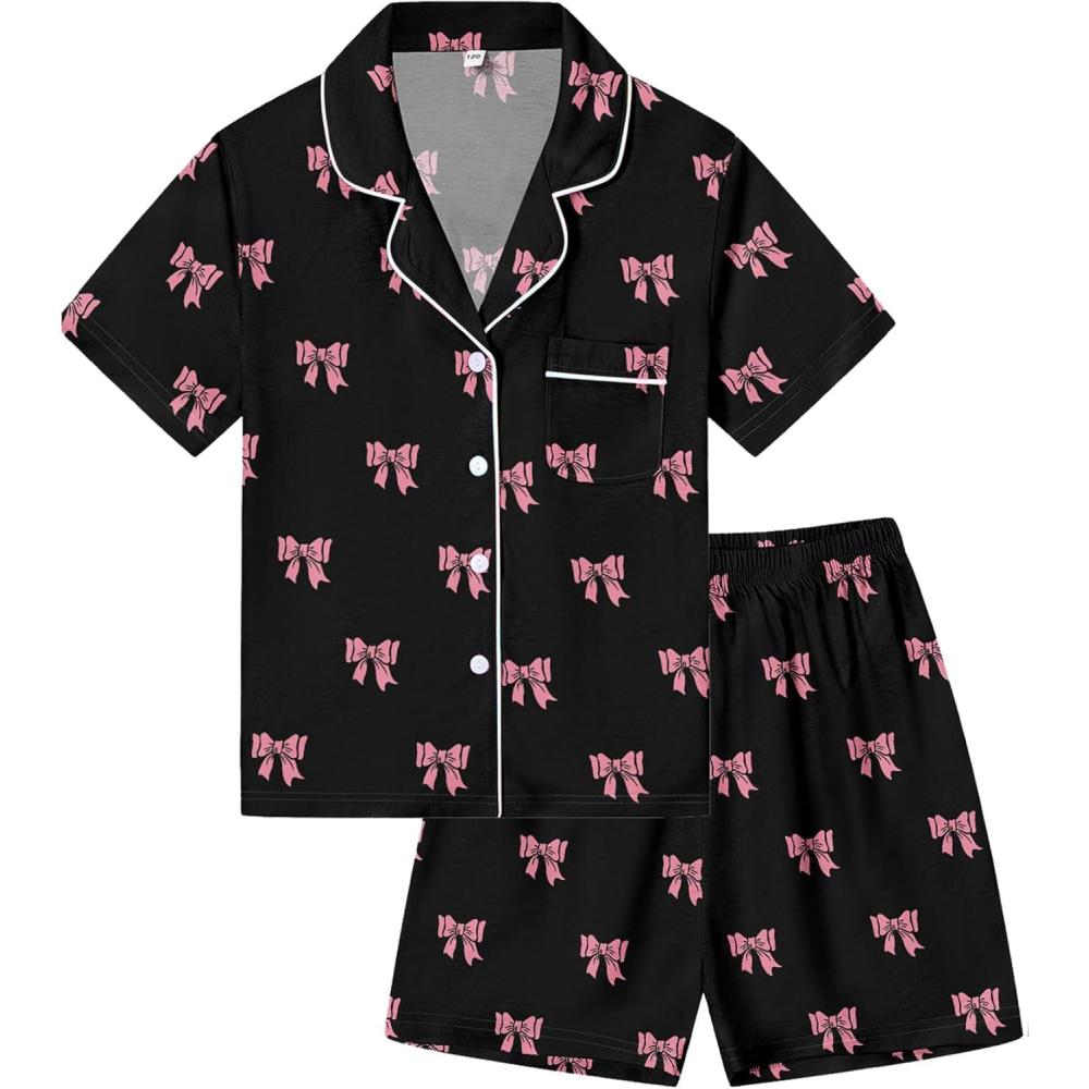 imageSWOMOG Kids Pajamas Sets 3PCS Short Sleeve Long Pants with Shorts Girls Boys Button Down PJS Cute Loungewear for 4T15YearsBlack Bowknot