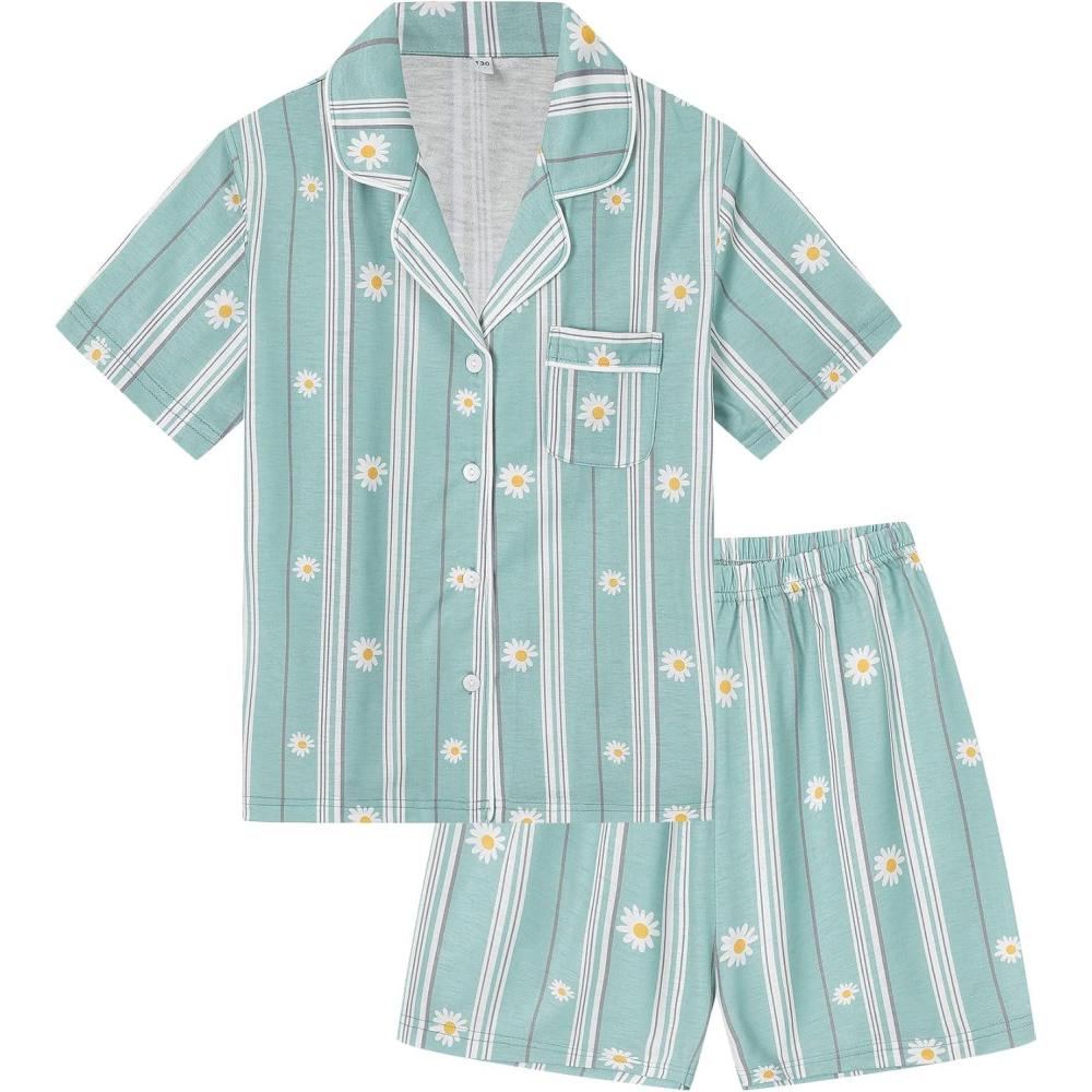 imageSWOMOG Kids Pajamas Sets 3PCS Short Sleeve Long Pants with Shorts Girls Boys Button Down PJS Cute Loungewear for 4T15YearsBlue Daisy