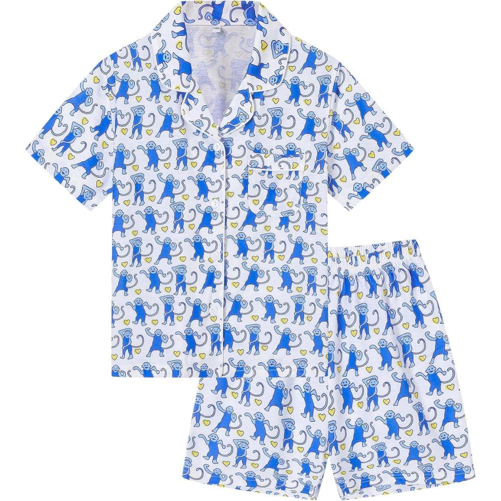 imageSWOMOG Kids Pajamas Sets 3PCS Short Sleeve Long Pants with Shorts Girls Boys Button Down PJS Cute Loungewear for 4T15YearsBlue Monkey