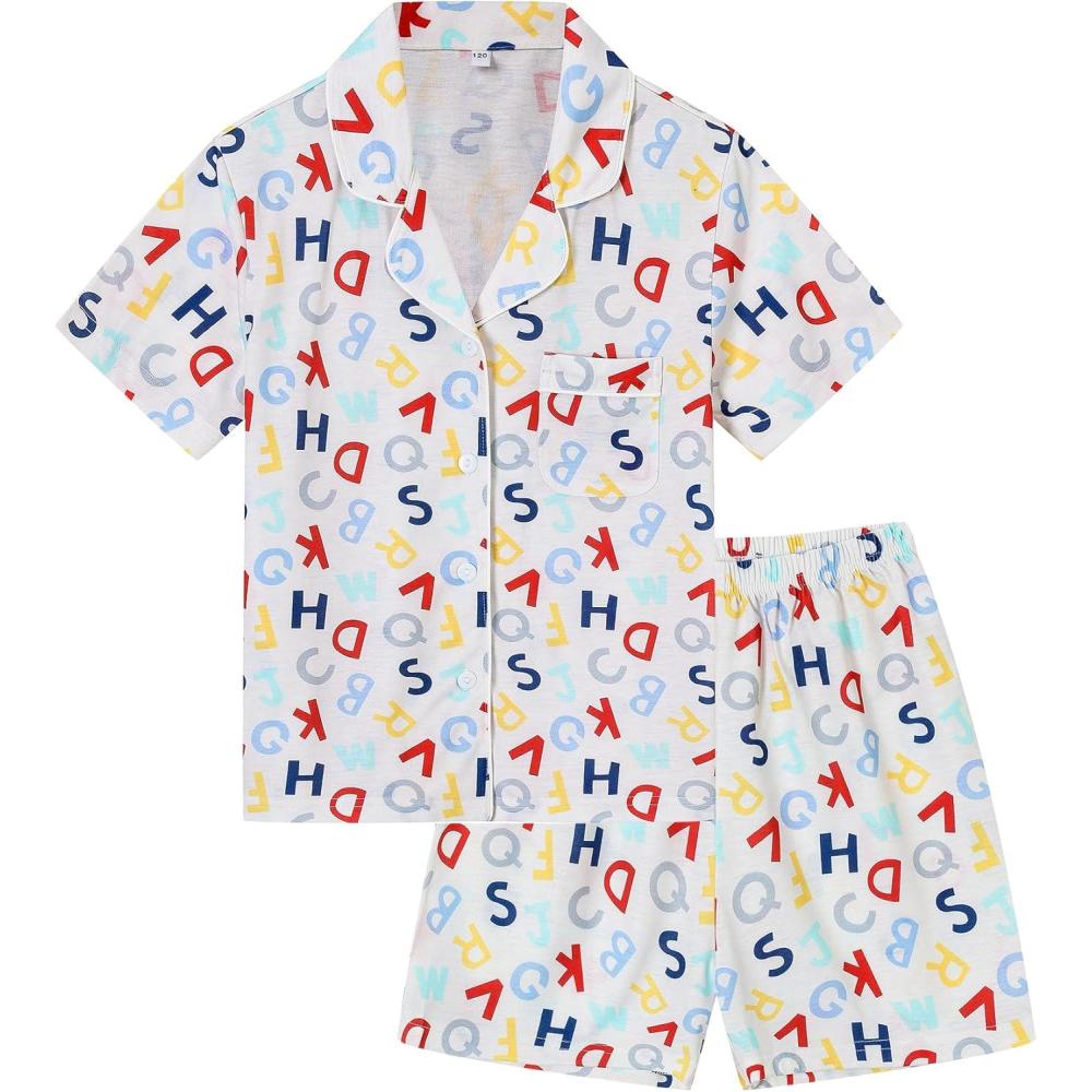 imageSWOMOG Kids Pajamas Sets 3PCS Short Sleeve Long Pants with Shorts Girls Boys Button Down PJS Cute Loungewear for 4T15YearsLetter