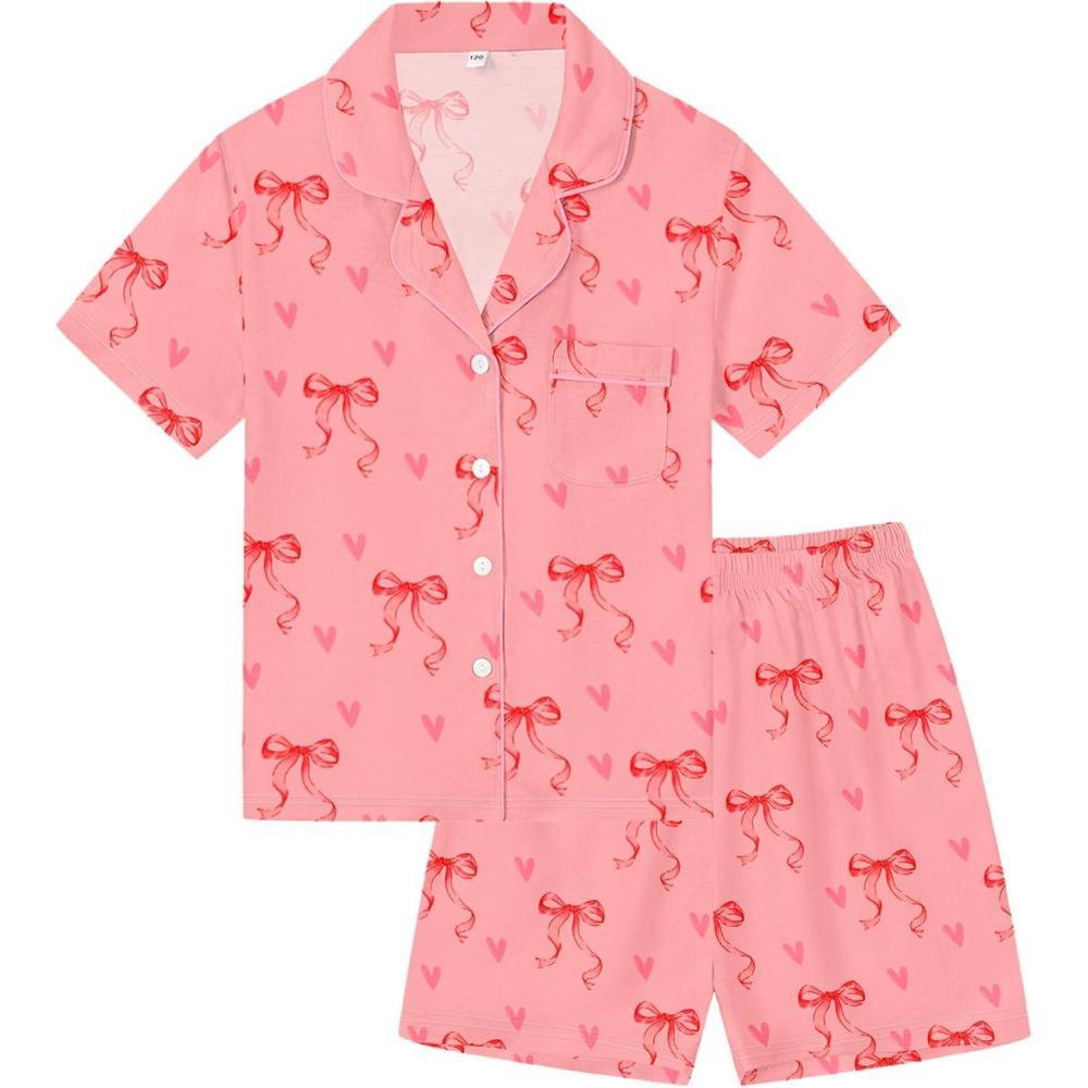 imageSWOMOG Kids Pajamas Sets 3PCS Short Sleeve Long Pants with Shorts Girls Boys Button Down PJS Cute Loungewear for 4T15YearsPink Bowknot