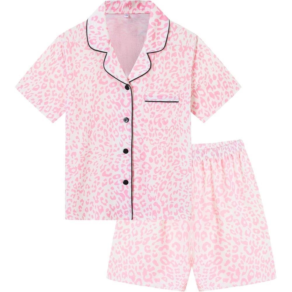 imageSWOMOG Kids Pajamas Sets 3PCS Short Sleeve Long Pants with Shorts Girls Boys Button Down PJS Cute Loungewear for 4T15YearsPink Leopard