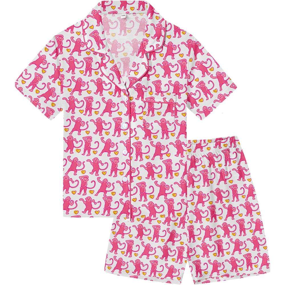 imageSWOMOG Kids Pajamas Sets 3PCS Short Sleeve Long Pants with Shorts Girls Boys Button Down PJS Cute Loungewear for 4T15YearsPink Monkey