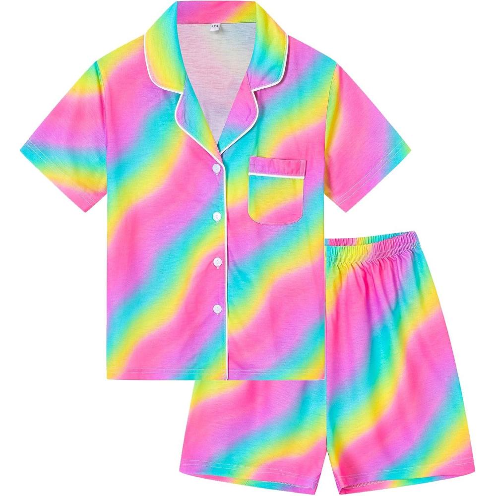 imageSWOMOG Kids Pajamas Sets 3PCS Short Sleeve Long Pants with Shorts Girls Boys Button Down PJS Cute Loungewear for 4T15YearsRainbow