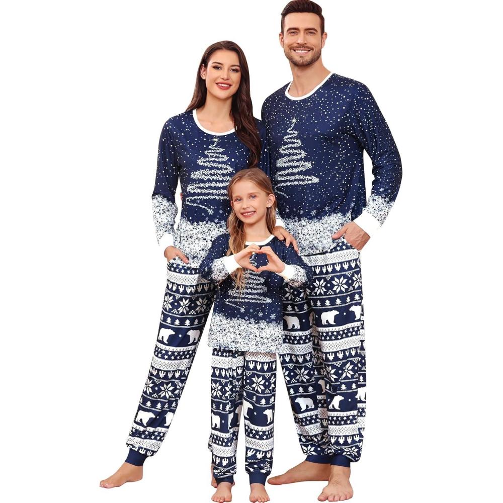 imageSWOMOG Matching Couple Christmas Pajamas Set Modal Long Sleeve ButtonDown Sleepwear Family Festival Party Xmas PJs SetsBlue Christmas Tree