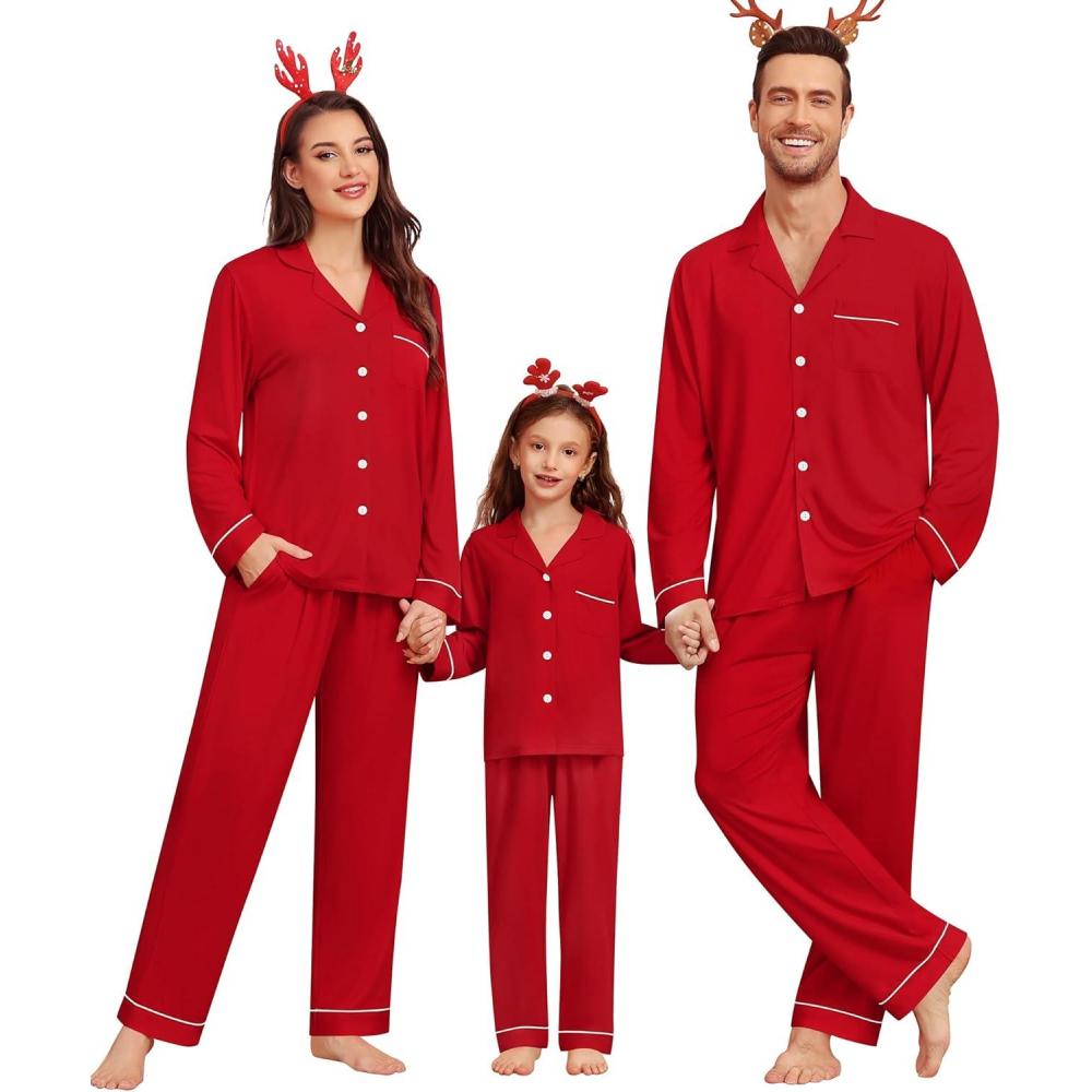 imageSWOMOG Matching Couple Christmas Pajamas Set Modal Long Sleeve ButtonDown Sleepwear Family Festival Party Xmas PJs SetsChristmas Red