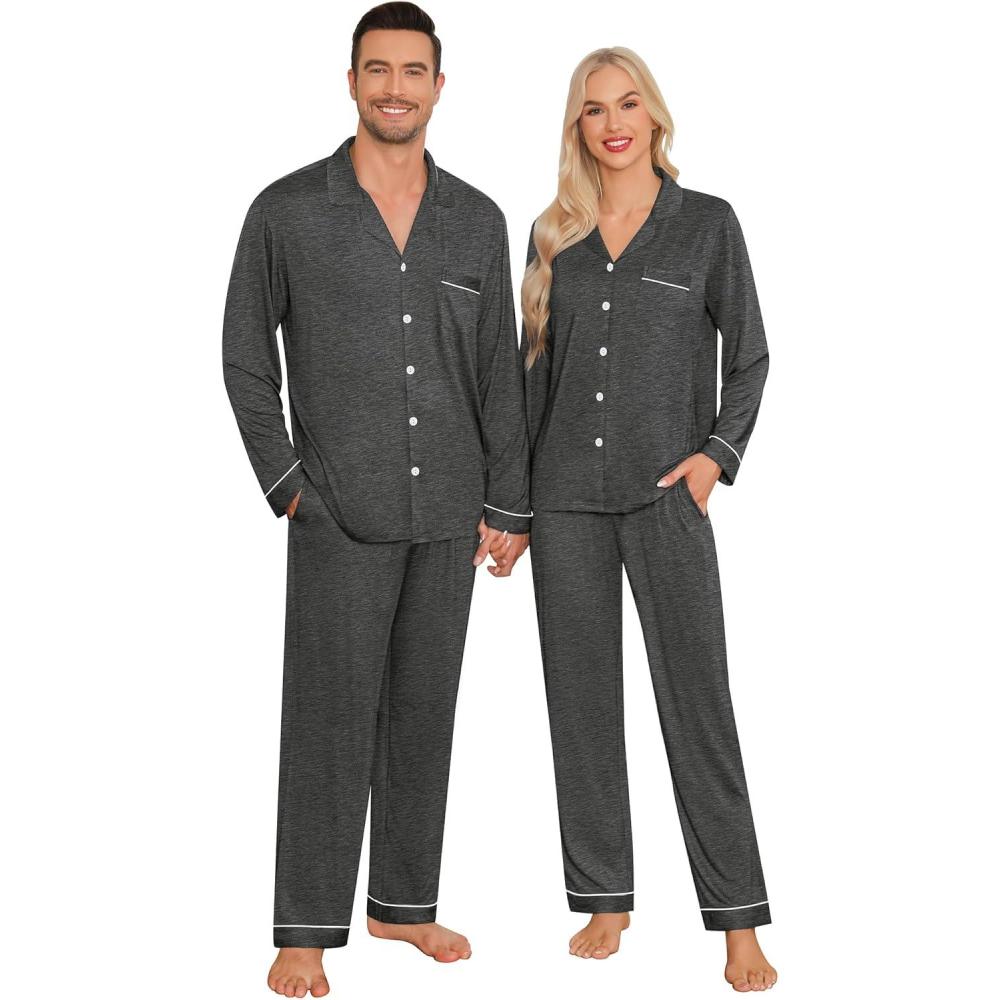 imageSWOMOG Matching Couple Christmas Pajamas Set Modal Long Sleeve ButtonDown Sleepwear Family Festival Party Xmas PJs SetsDeep Grey