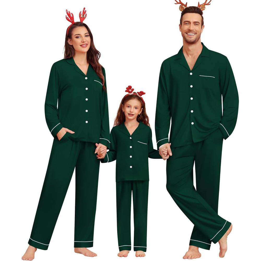 imageSWOMOG Matching Couple Christmas Pajamas Set Modal Long Sleeve ButtonDown Sleepwear Family Festival Party Xmas PJs SetsGreen