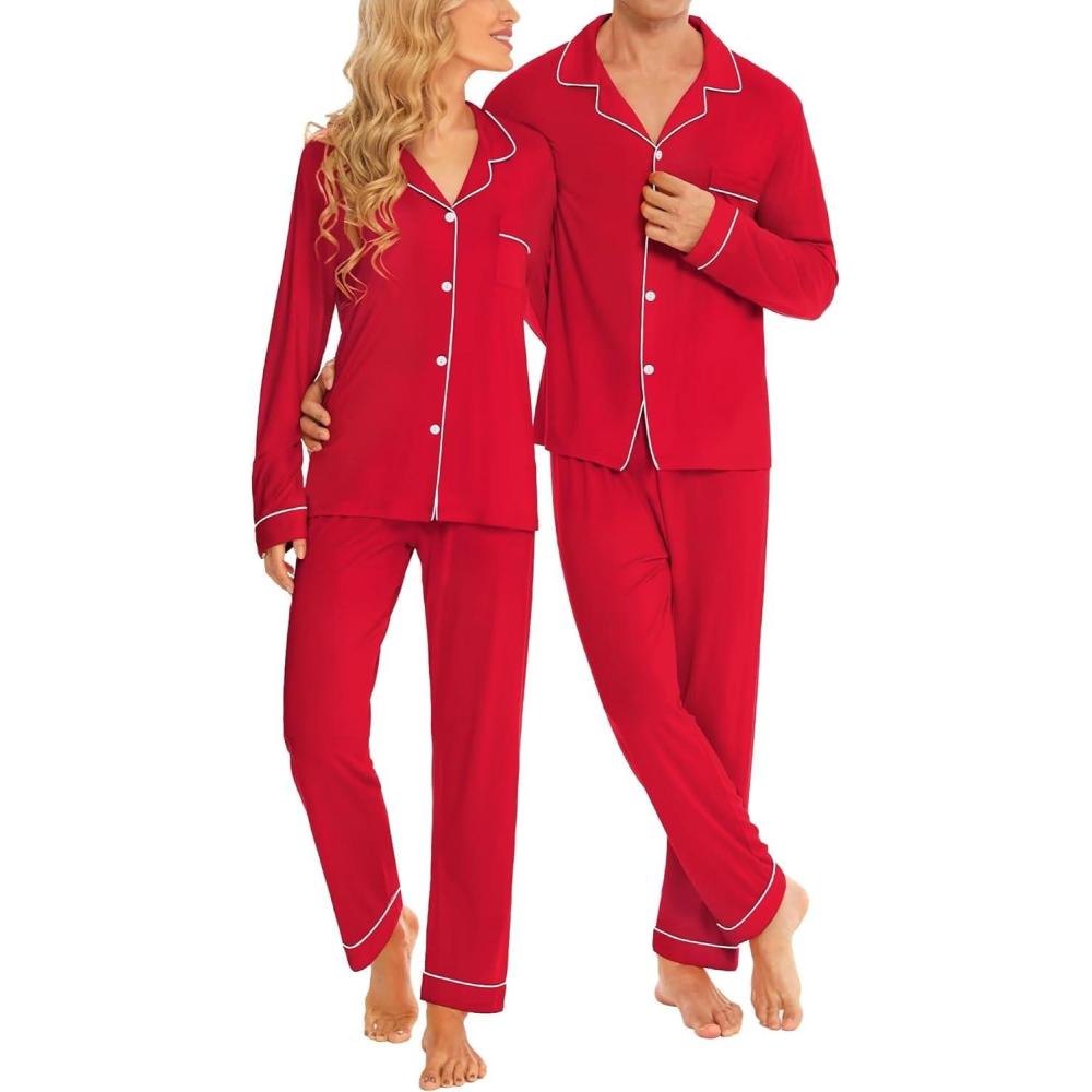 imageSWOMOG Matching Couple Christmas Pajamas Set Modal Long Sleeve ButtonDown Sleepwear Family Festival Party Xmas PJs SetsRed Solid