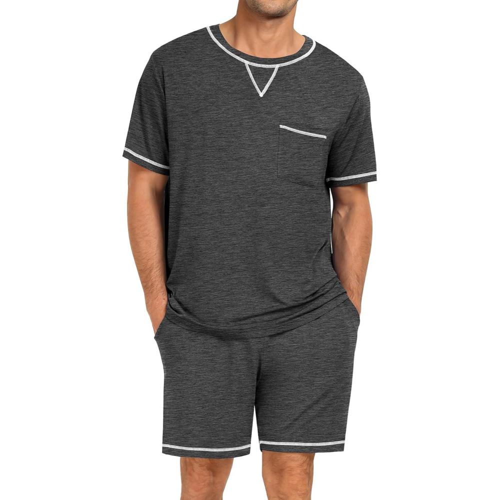 imageSWOMOG Men Modal Pajamas Set Comfy Sleepwear Short Sleeve Pjs Set Soft 2 Piece Lounge Set Cozy Nightwear with PocketsDeep Grey