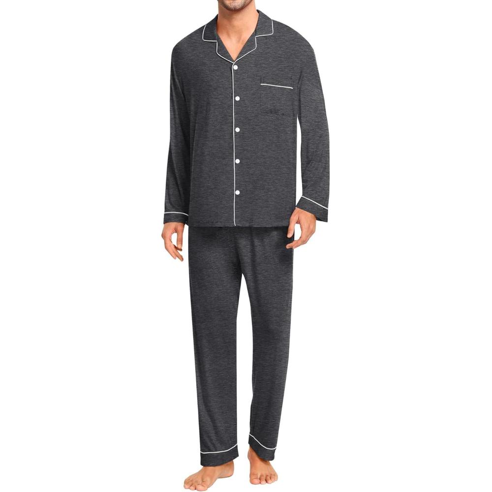 imageSWOMOG Men Pajamas Set Comfy Modal Pjs Button Down Sleepwear 2 Piece Long Sleeve Lounge Set Soft Nightwear with PocketsDeep Grey