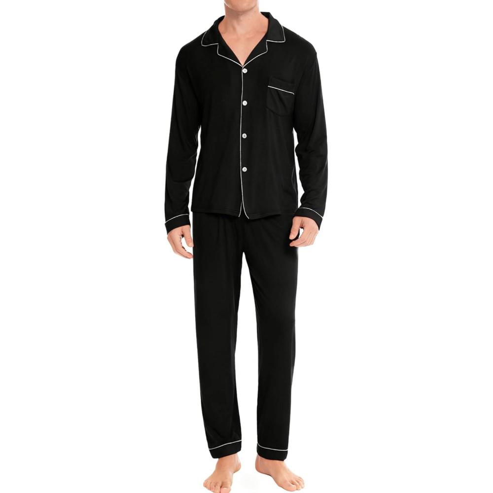 imageSWOMOG Men Pajamas Set Comfy Modal Pjs Button Down Sleepwear 2 Piece Long Sleeve Lounge Set Soft Nightwear with PocketsNopockets Black