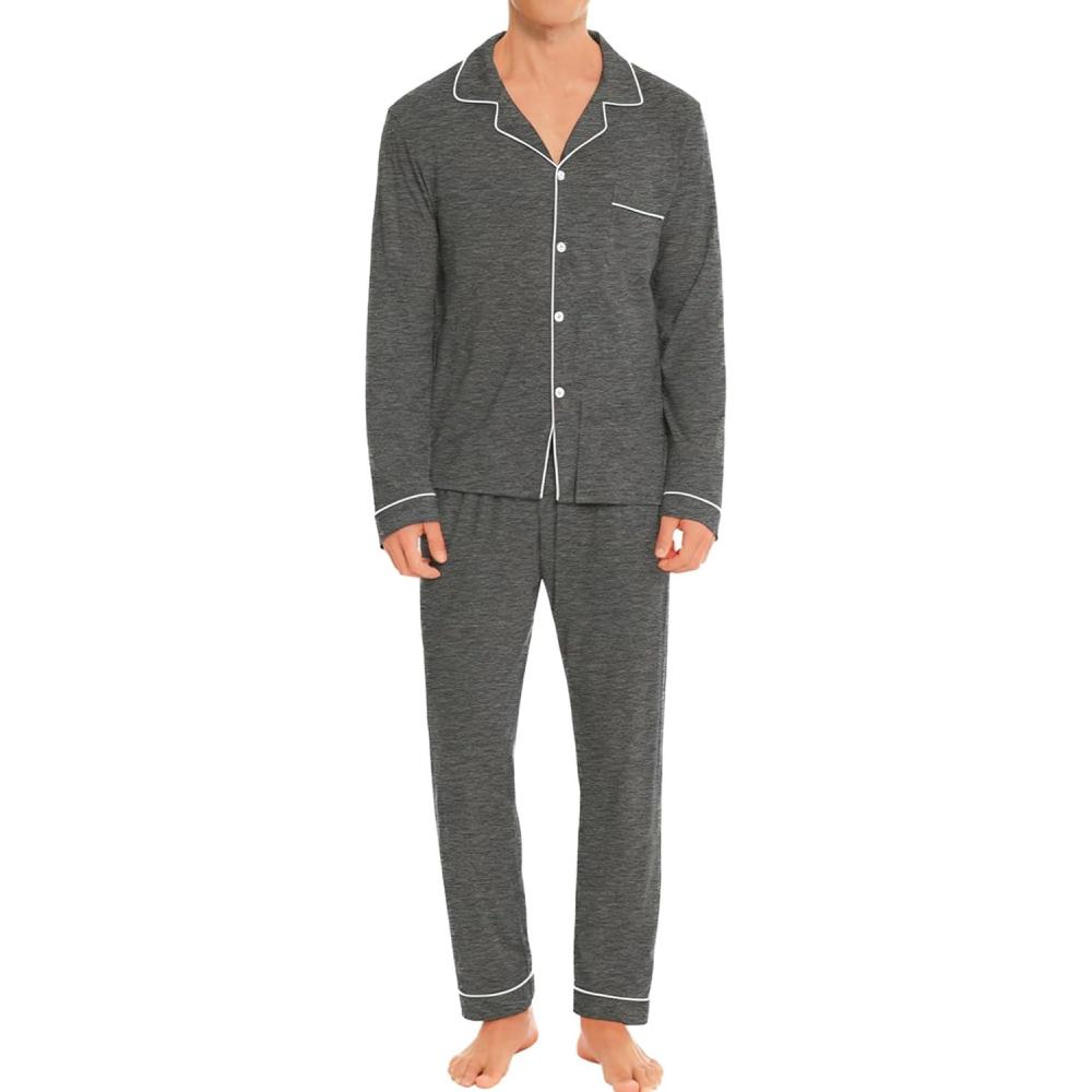 imageSWOMOG Men Pajamas Set Comfy Modal Pjs Button Down Sleepwear 2 Piece Long Sleeve Lounge Set Soft Nightwear with PocketsNopockets Deep Grey