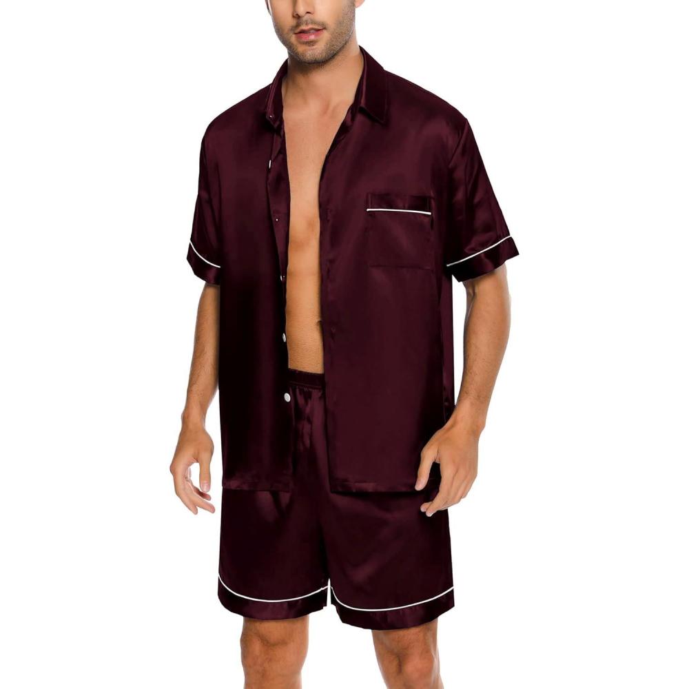 imageSWOMOG Men Silk Satin Pajamas Short Sleeve Pjs Set Button Down Sleepwear Soft Lounge Set Nightwear with PocketsDeep Wine Red