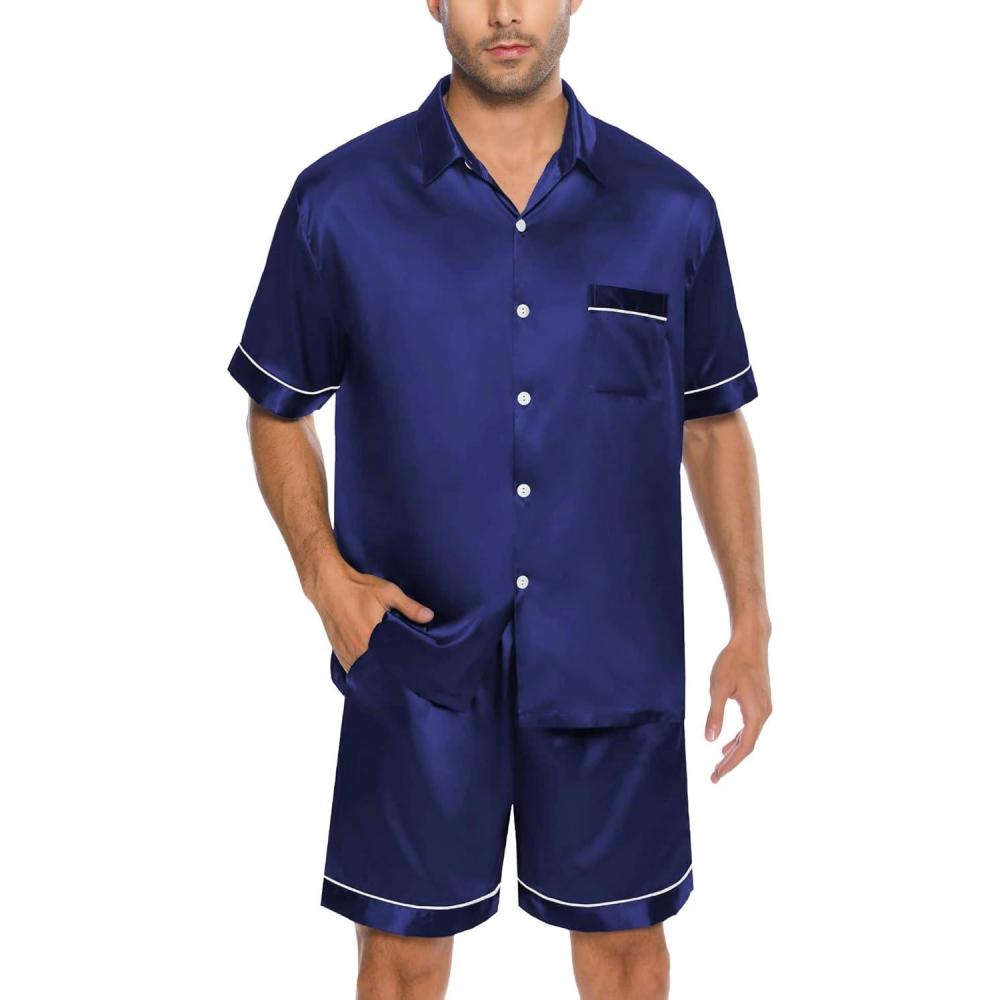 imageSWOMOG Men Silk Satin Pajamas Short Sleeve Pjs Set Button Down Sleepwear Soft Lounge Set Nightwear with PocketsNavy Blue