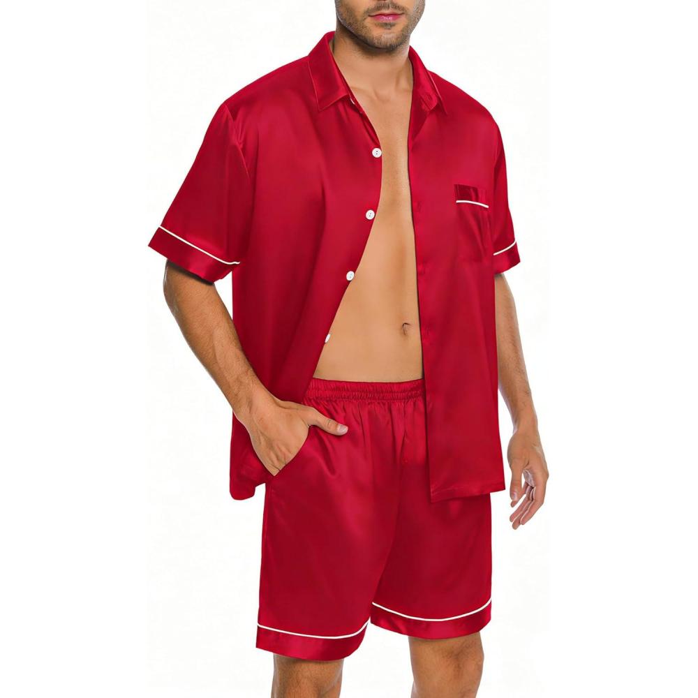 imageSWOMOG Men Silk Satin Pajamas Short Sleeve Pjs Set Button Down Sleepwear Soft Lounge Set Nightwear with PocketsRed