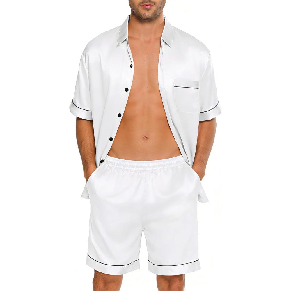 imageSWOMOG Men Silk Satin Pajamas Short Sleeve Pjs Set Button Down Sleepwear Soft Lounge Set Nightwear with PocketsWhite