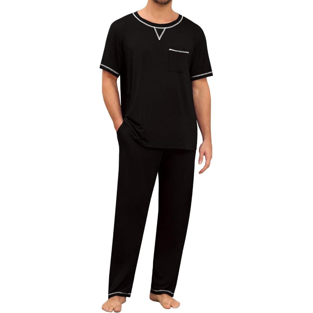 imageSWOMOG Mens Pajamas Set Modal Short Sleeve Sleepwear Crew Neck Pjs 2 Piece Loungewear Nightshirt Top amp Pants with Pockets