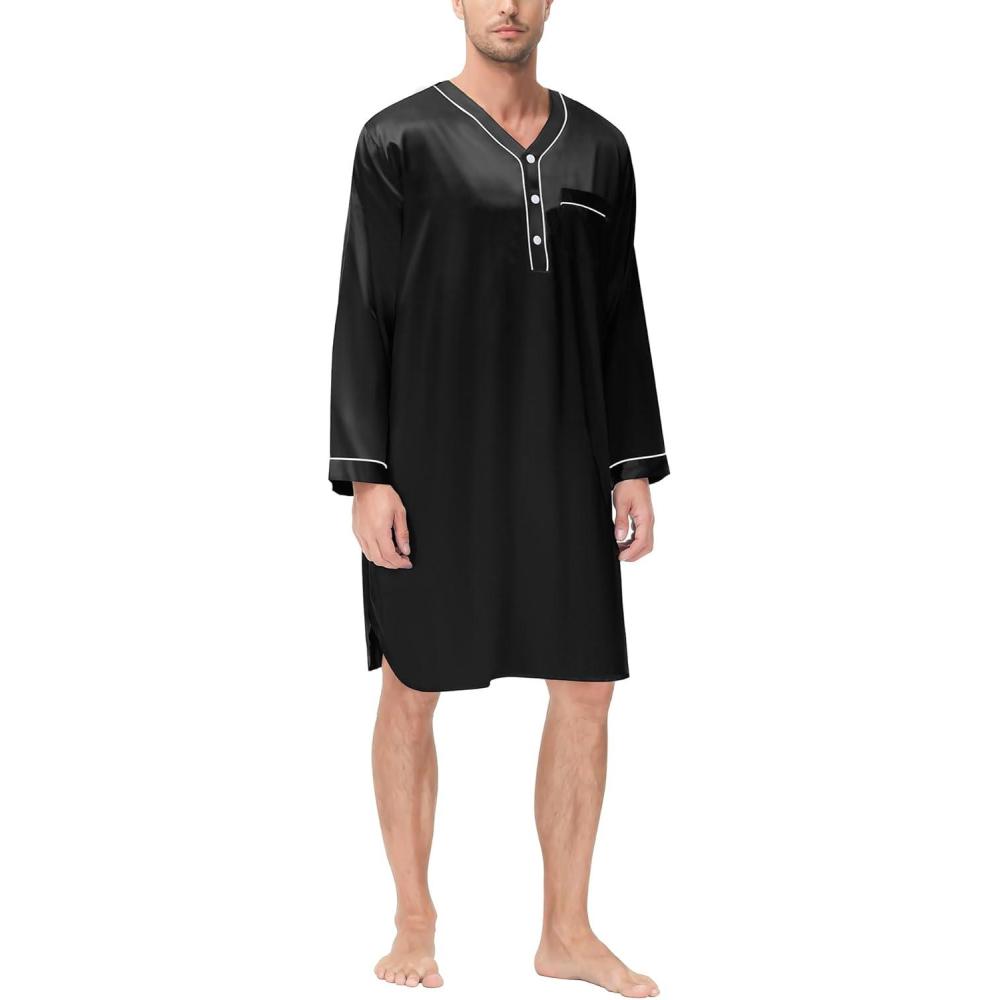 imageSWOMOG Mens Silk Satin Nightshirt Short Sleeve Loose Henley Sleep Shirt Comfy Nightgown Big amp Tall Men SleepwearBlack