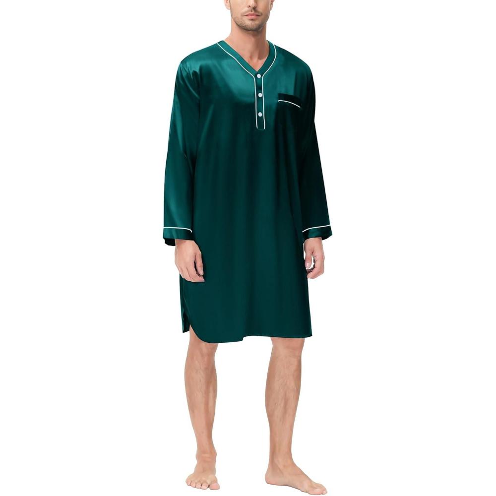 imageSWOMOG Mens Silk Satin Nightshirt Short Sleeve Loose Henley Sleep Shirt Comfy Nightgown Big amp Tall Men SleepwearDeep Green
