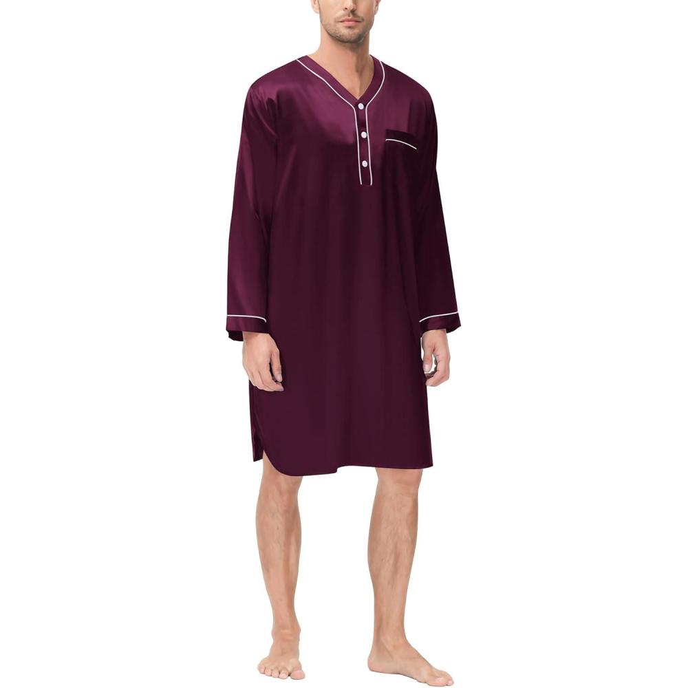 imageSWOMOG Mens Silk Satin Nightshirt Short Sleeve Loose Henley Sleep Shirt Comfy Nightgown Big amp Tall Men SleepwearDeep Wine Red