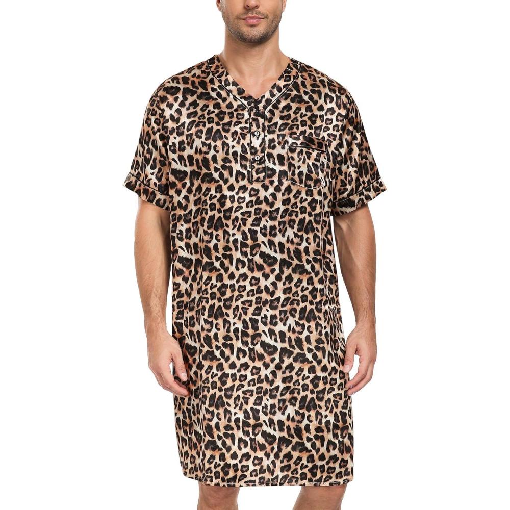 imageSWOMOG Mens Silk Satin Nightshirt Short Sleeve Loose Henley Sleep Shirt Comfy Nightgown Big amp Tall Men SleepwearLeopard